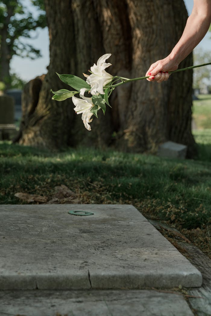 services-03 A hand holding white lilies over a grave, symbolizing mourning and remembrance.